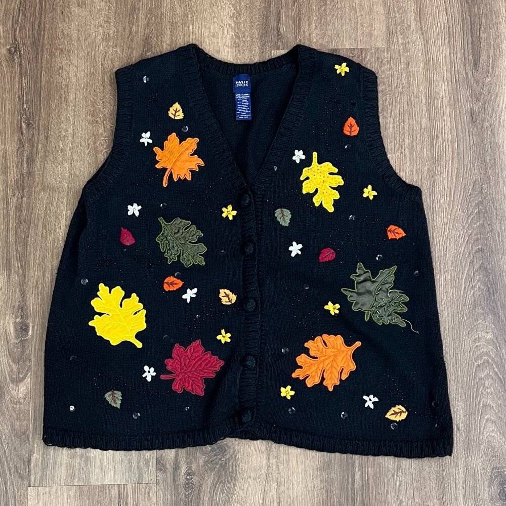 Basic Editions Knit Fall Leaves Sweater Vest Y2K